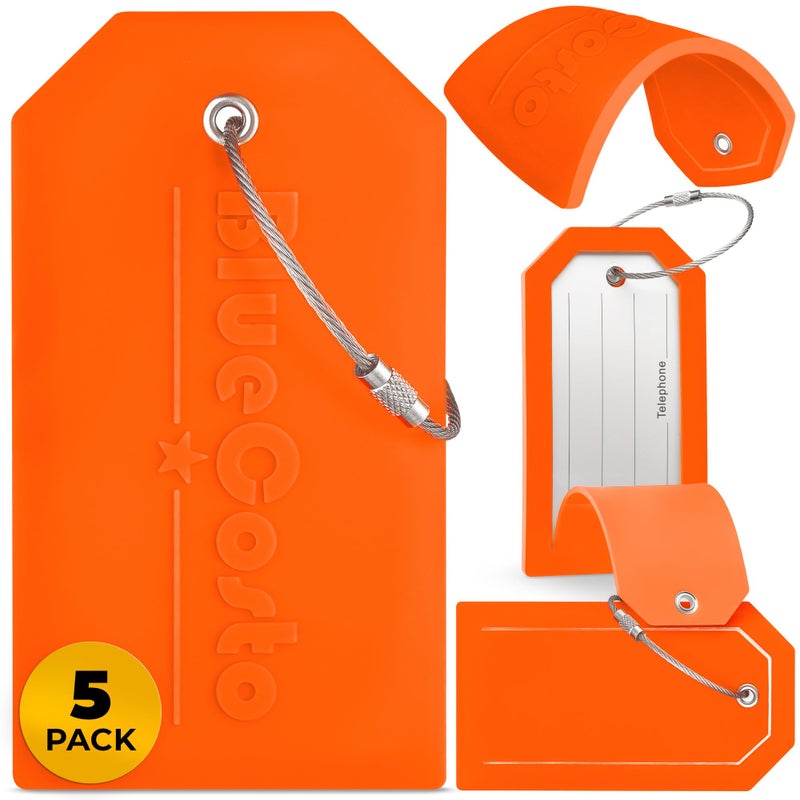 BlueCosto - Luggage Tags - Large, Orange, 5 PK - PVC Suitcase Tags w/Privacy Cover & Stainless Steel Wire Loops - Personalized Baggage Identifiers for Travel - Backpack Name Labels - Image 1